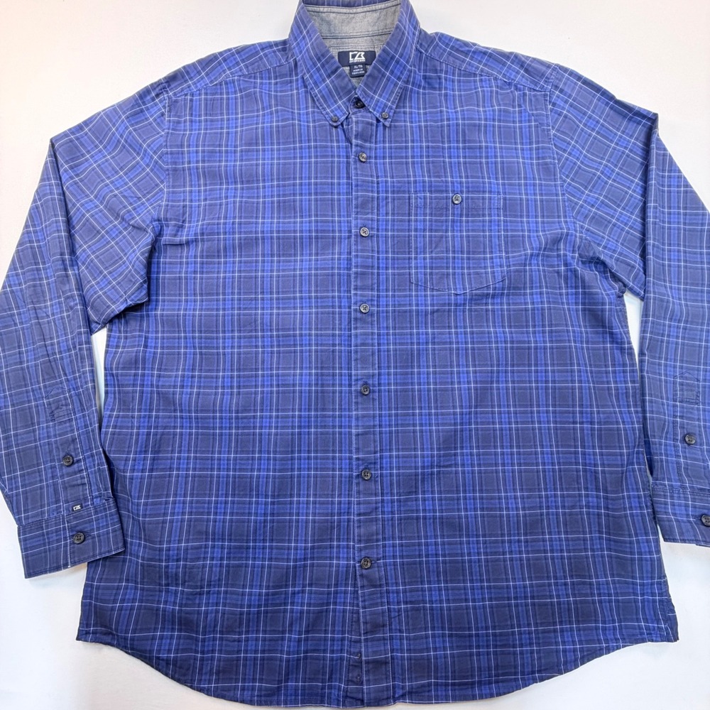 Cutter & Buck Mens XL Blue Plaid Button Down Shirt 100% Cotton Long Sleeve